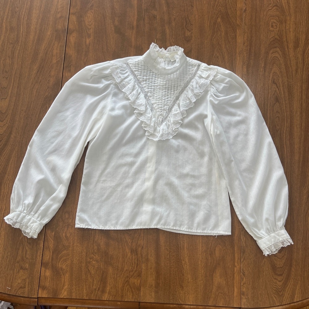 Vintage White Lace Ruffle High Neck Blouse Blouse Puffy Sleeves Cottagecore